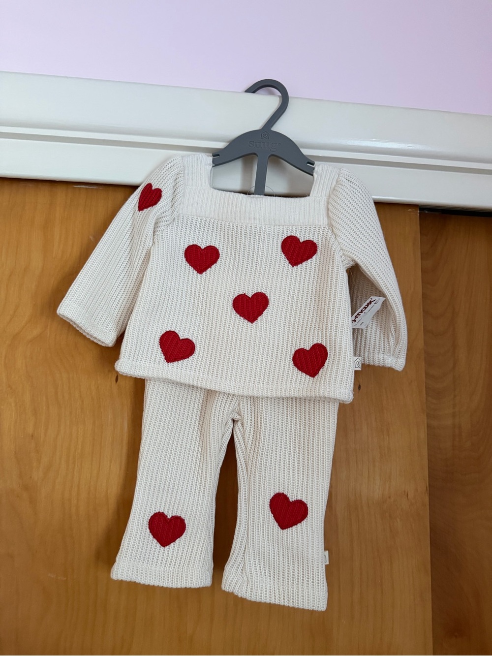 Cream Knit Kids Pajama Set with Red Hearts